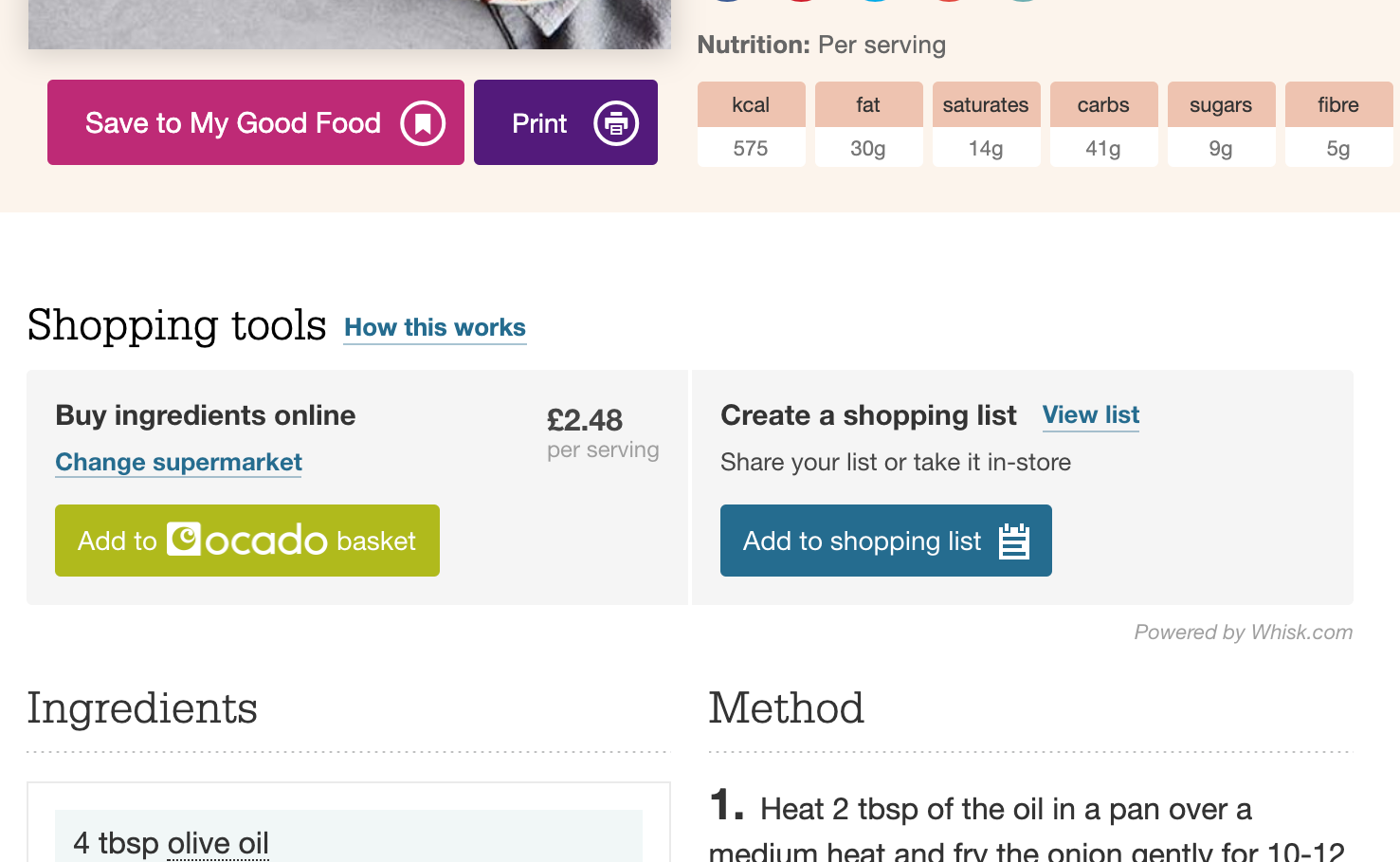 BBC Good Food recipe page showing add ingredients to basket Screenshot of a BBC Good Food recipe page